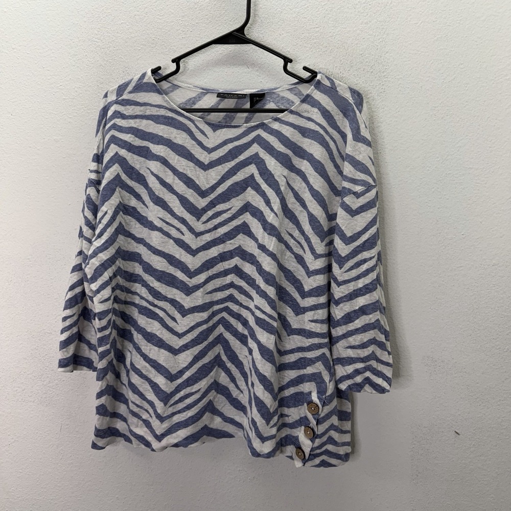 Tahari 100% Linen Lightweight Blue Zebra Stripe Scoop Neck Top Side Button XL
